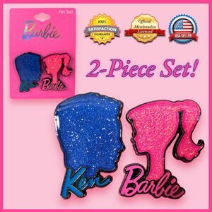 OFFICIAL Barbie & Ken Metal Glitter Enamel Pins 2pcs Neon Tuesday NEW ON CARD
